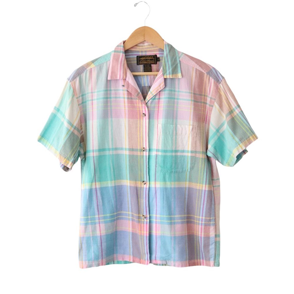 SOLD vintage 80s 90s eddie bauer pastel plaid button shirt M/L madras blouse - Picture 6 of 9